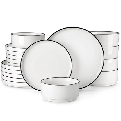 White Porcelain Dinnerware Set with Modern Black Rim Design