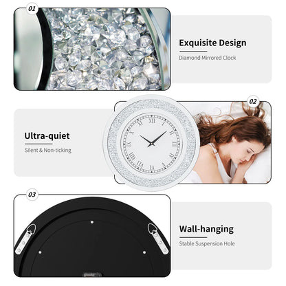 24-inch Mirrored Wall Clock with Crystal Accents