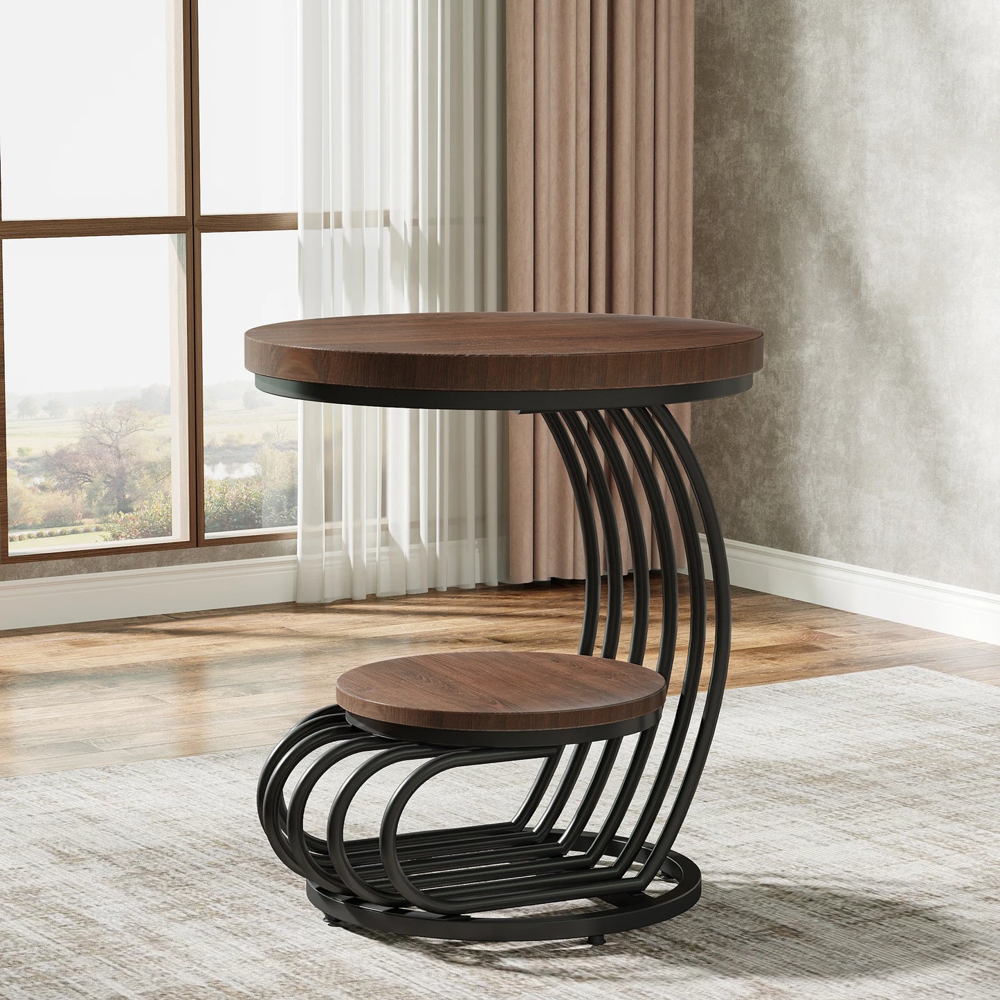 Gold Round End Table with Storage Shelf