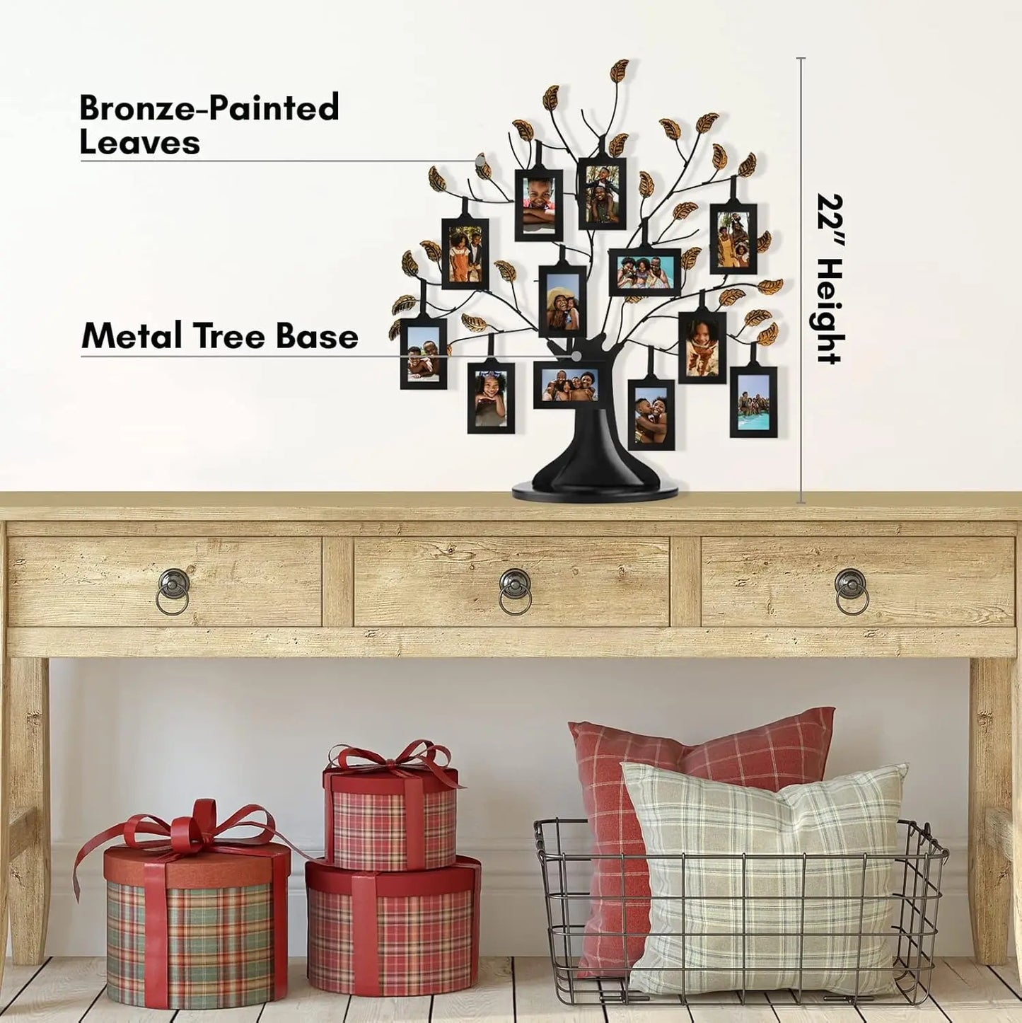 Family Tree Picture Frame with 12 Hanging Frames, Adjustable Ribbons, Ideal for Gifts and Decor in Black and Bronze