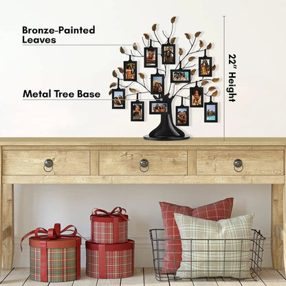 Family Tree Picture Frame with 12 Hanging Frames, Adjustable Ribbons, Ideal for Gifts and Decor in Black and Bronze