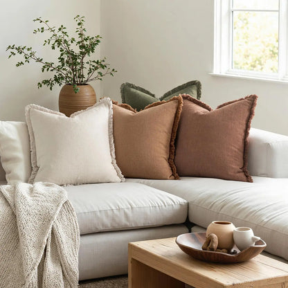 Neutral Linen Fringe Throw Pillows Set of Four