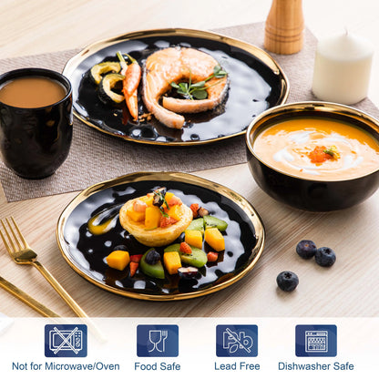 Black Porcelain Dinnerware Set with Elegant Gold Trim