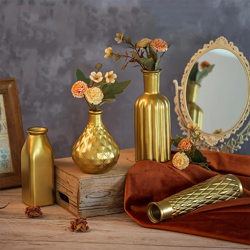 Gold Glass Vase Set with Gilded Finish - Cylindrical Decorative Accents