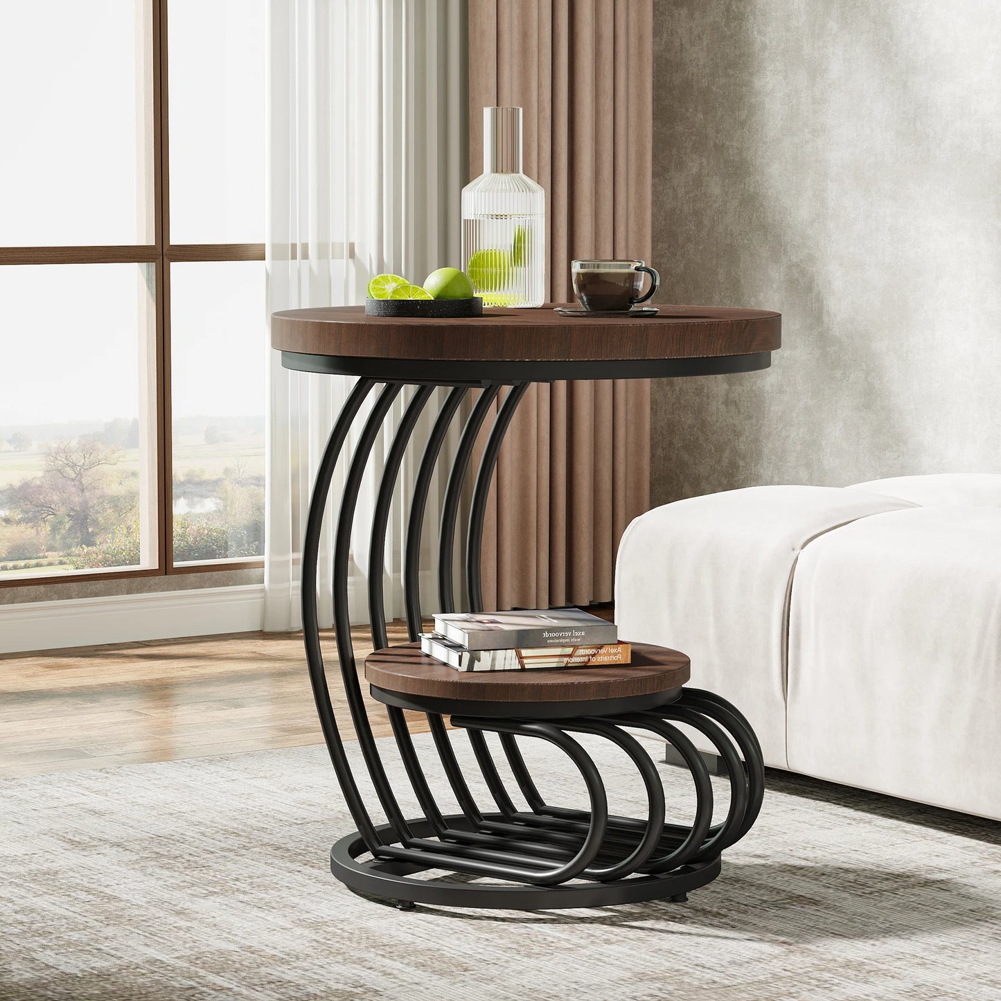 Gold Round End Table with Storage Shelf