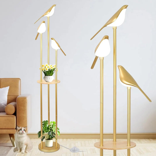 Modern Gold Bird Floor Lamp with Shelf