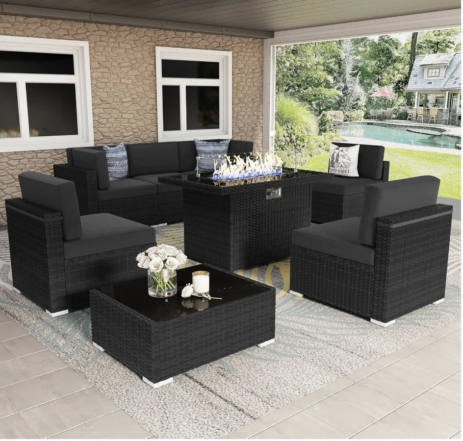 8-Piece Outdoor Patio Sectional with Fire Pit Table