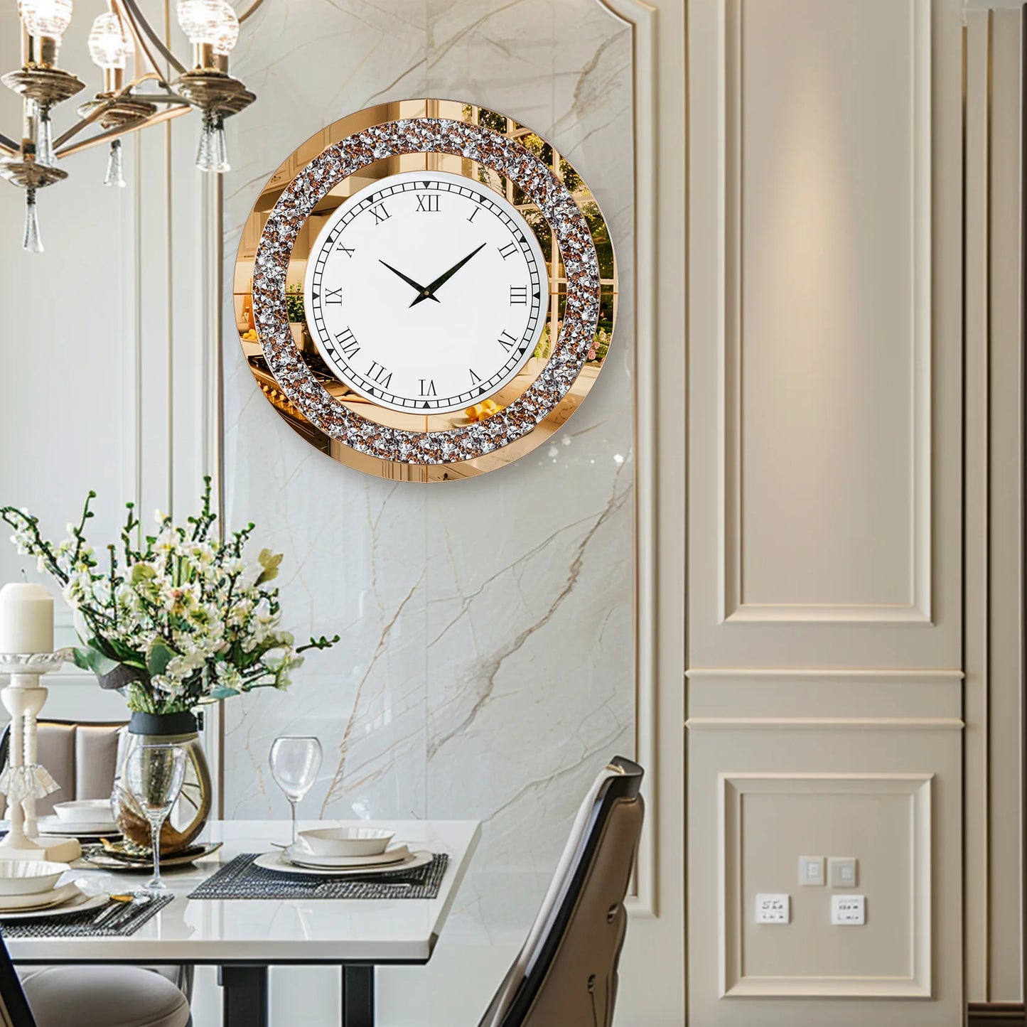 24-inch Mirrored Wall Clock with Crystal Accents