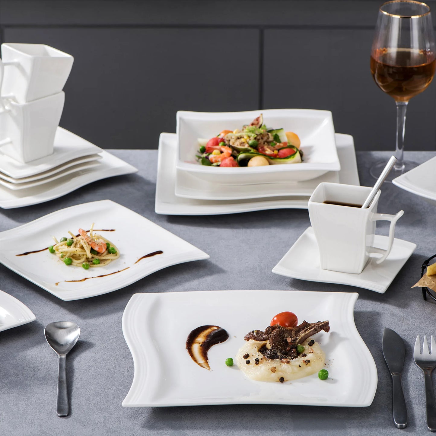 White Porcelain Dinnerware Set with Cups Plates and Saucers