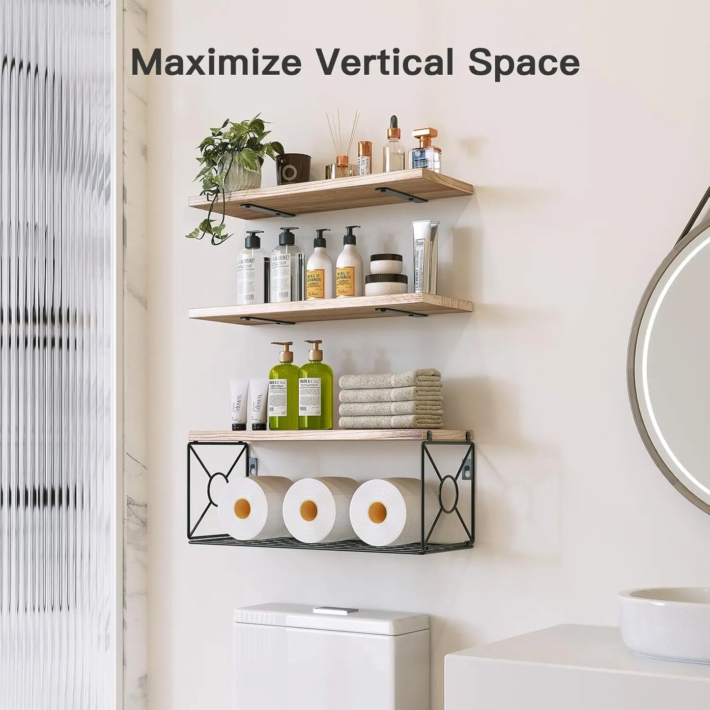 Over Toilet Floating Shelves with Storage Basket