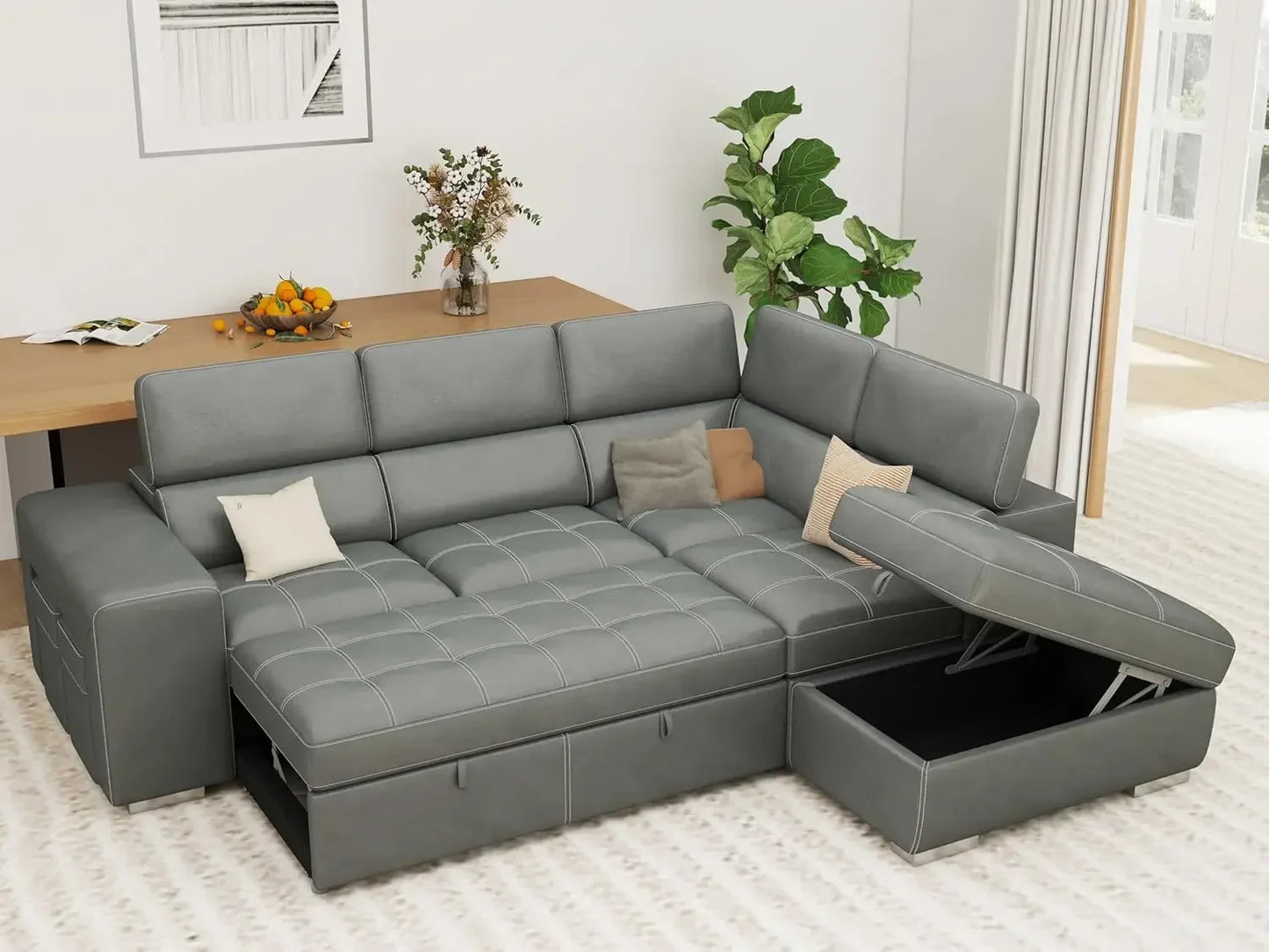L-Shaped Sleeper Sectional with Pull Out Bed and Storage Ottoman