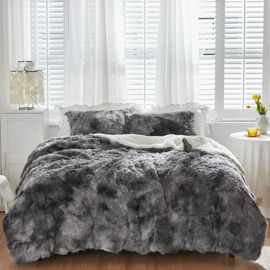 Faux Fur Shaggy Queen Comforter Set Plush Sherpa Bedding