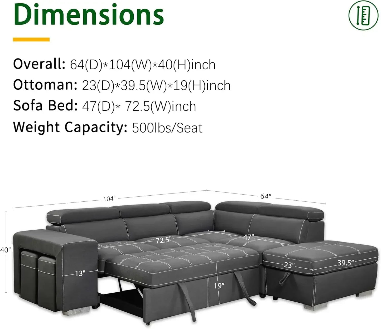 L-Shaped Sleeper Sectional with Pull Out Bed and Storage Ottoman