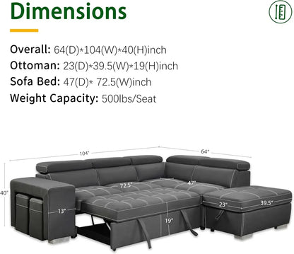 L-Shaped Sleeper Sectional with Pull Out Bed and Storage Ottoman