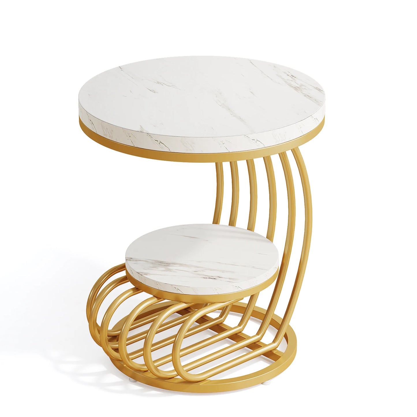 Gold Round End Table with Storage Shelf