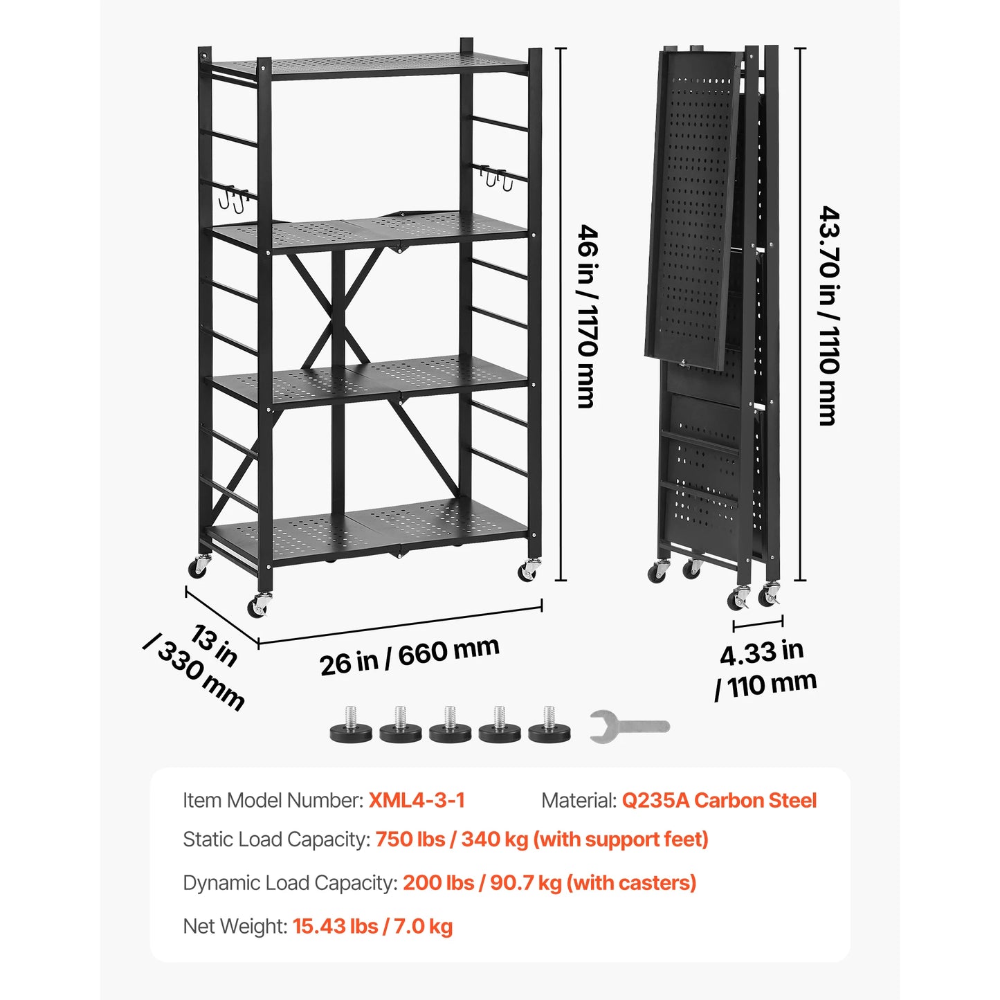 Foldable Rolling 5-Tier Metal Storage Shelf Rack