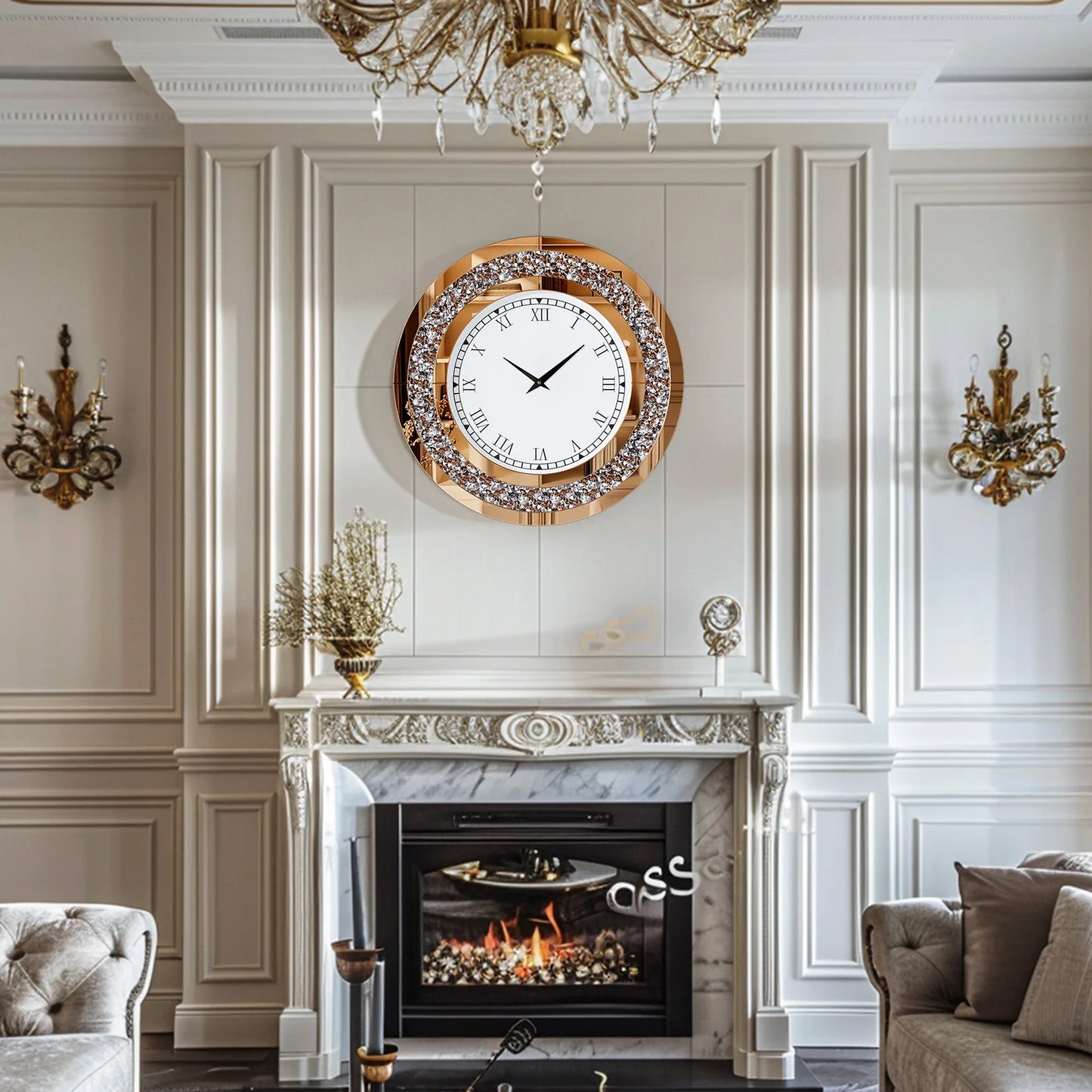 24-inch Mirrored Wall Clock with Crystal Accents