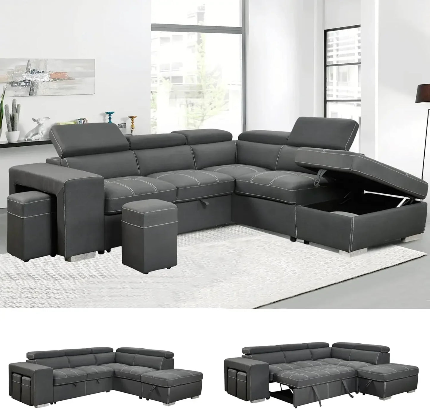 L-Shaped Sleeper Sectional with Pull Out Bed and Storage Ottoman