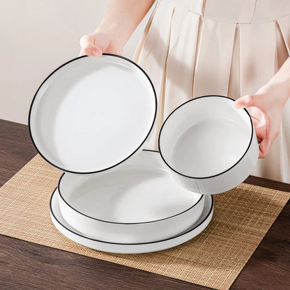 White Porcelain Dinnerware Set with Modern Black Rim Design
