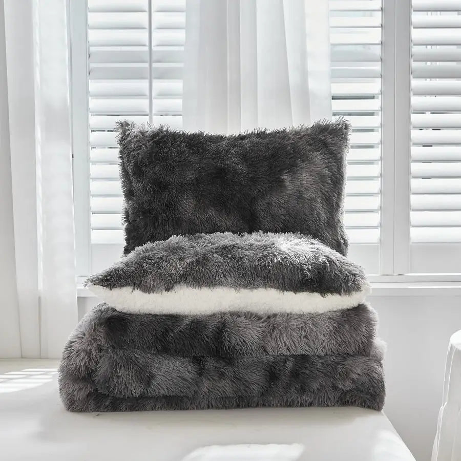 Faux Fur Shaggy Queen Comforter Set Plush Sherpa Bedding