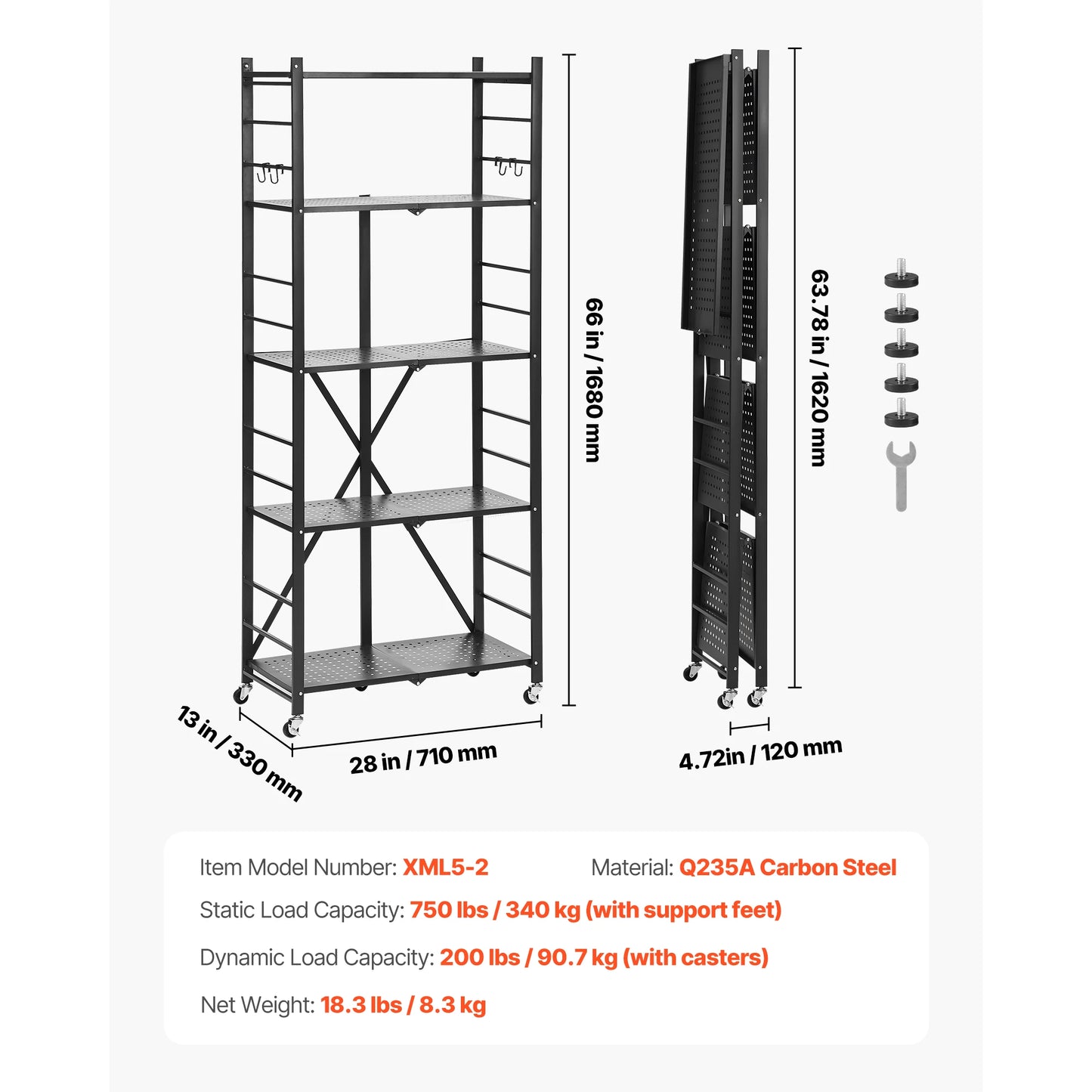 Foldable Rolling 5-Tier Metal Storage Shelf Rack