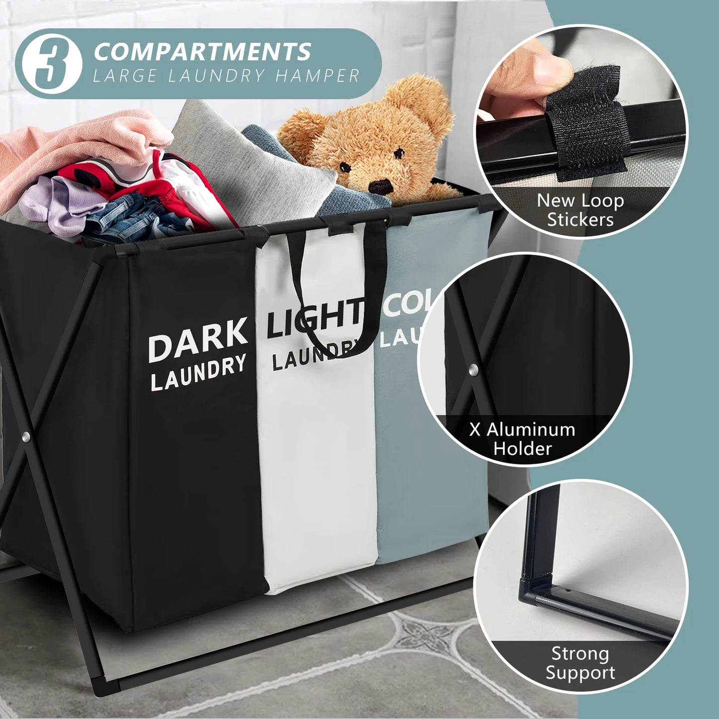 3 Section Laundry Sorter Hamper Basket