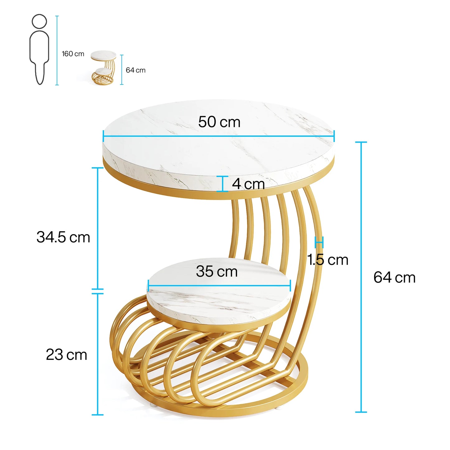 Gold Round End Table with Storage Shelf