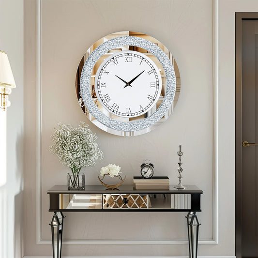 24-inch Mirrored Wall Clock with Crystal Accents