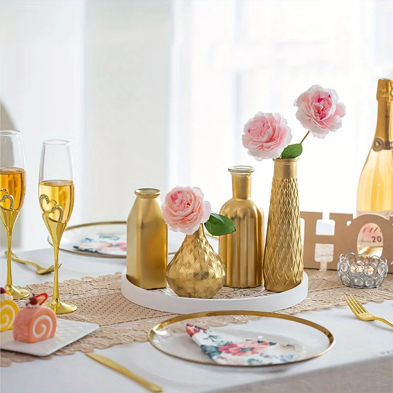 Gold Glass Vase Set with Gilded Finish - Cylindrical Decorative Accents