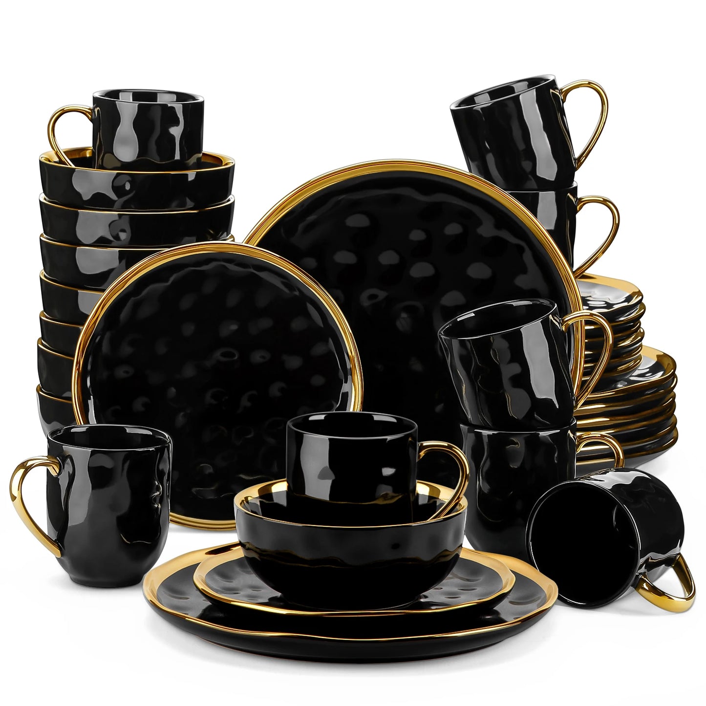 Black Porcelain Dinnerware Set with Elegant Gold Trim