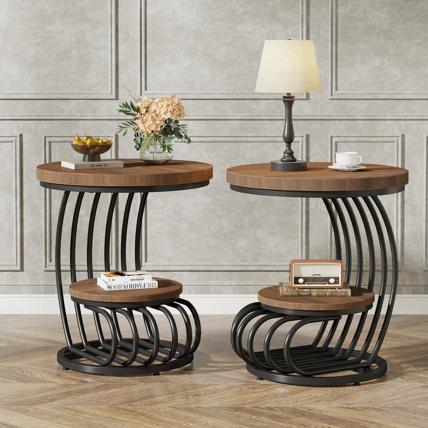 Gold Round End Table with Storage Shelf