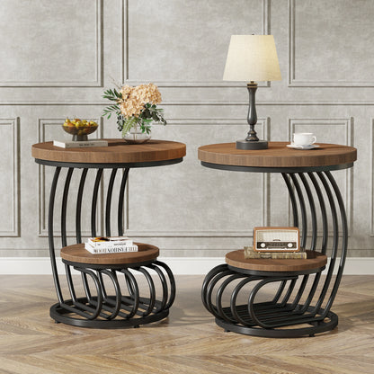 Gold Round End Table with Storage Shelf