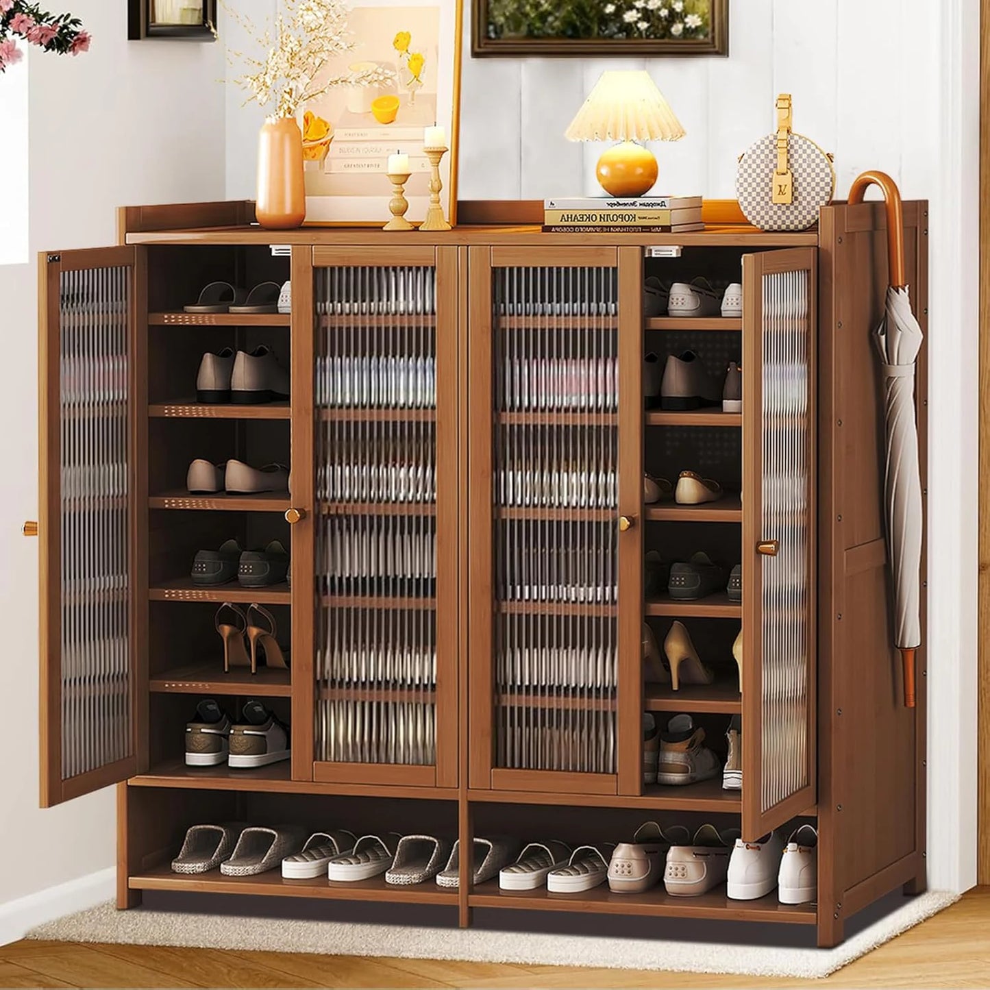 Bamboo Shoe Storage Organizer with Acrylic Door