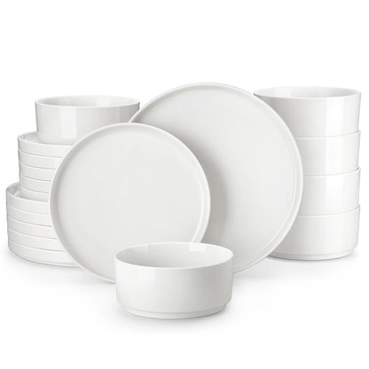 White Porcelain Dinnerware Set with Modern Black Rim Design