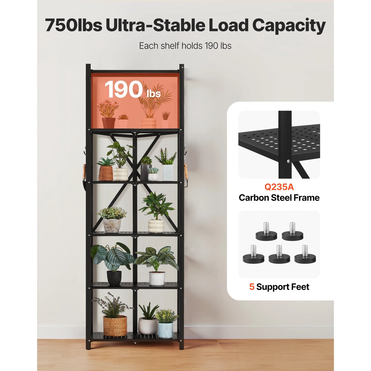 Foldable Rolling 5-Tier Metal Storage Shelf Rack