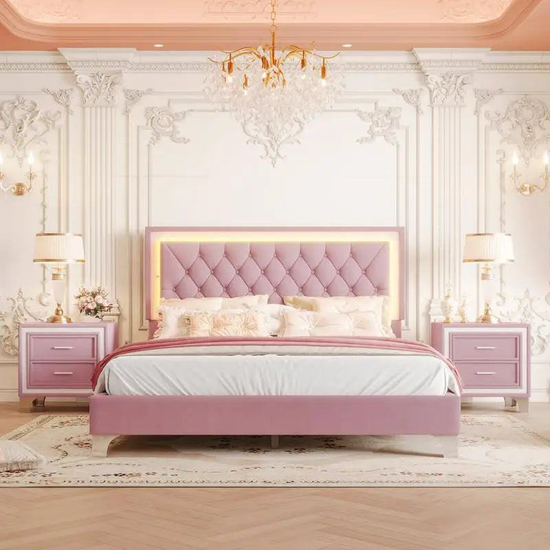 3-Piece Queen Upholstered Bedroom Set with LED Headboard
