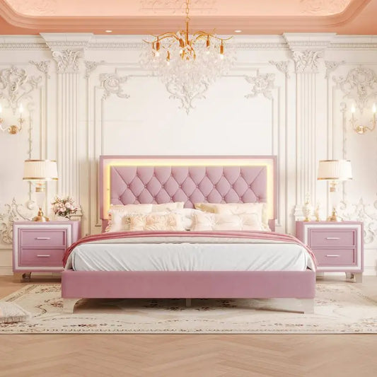 3-Piece Queen Upholstered Bedroom Set with LED Headboard