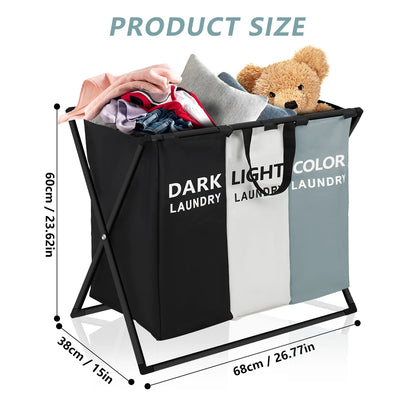 3 Section Laundry Sorter Hamper Basket
