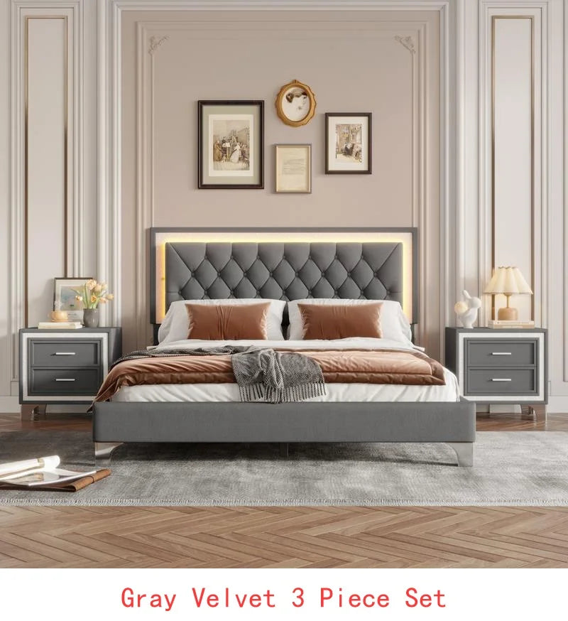3-Piece Queen Upholstered Bedroom Set with LED Headboard