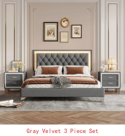 3-Piece Queen Upholstered Bedroom Set with LED Headboard