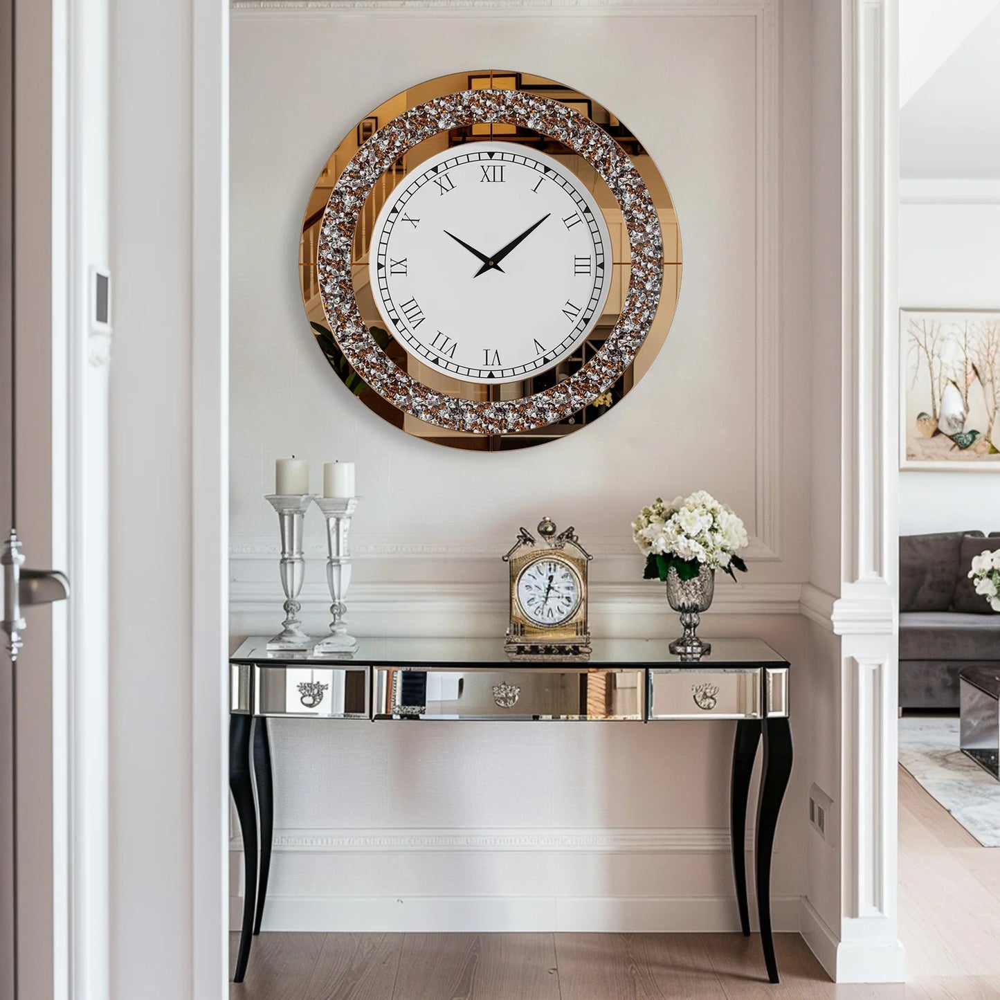 24-inch Mirrored Wall Clock with Crystal Accents