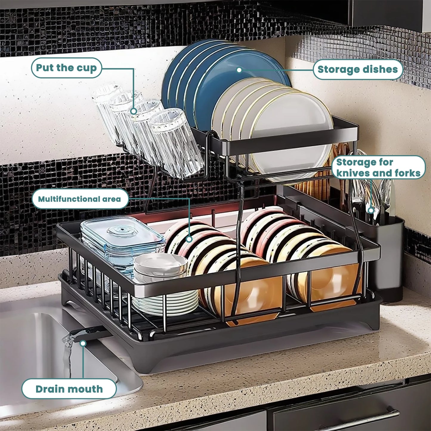 Two Tier Kitchen Countertop Dish Drying Rack